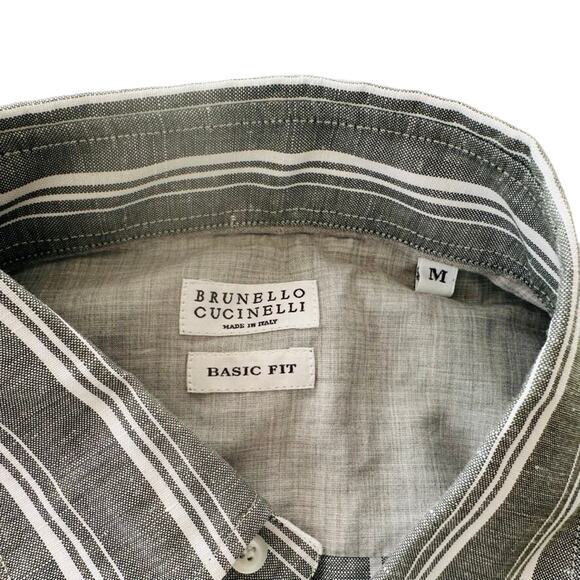 Brunello Cucinelli Men's Linen Button Front Green Stripe Shirt Size Medium NEW - Picture 5 of 8